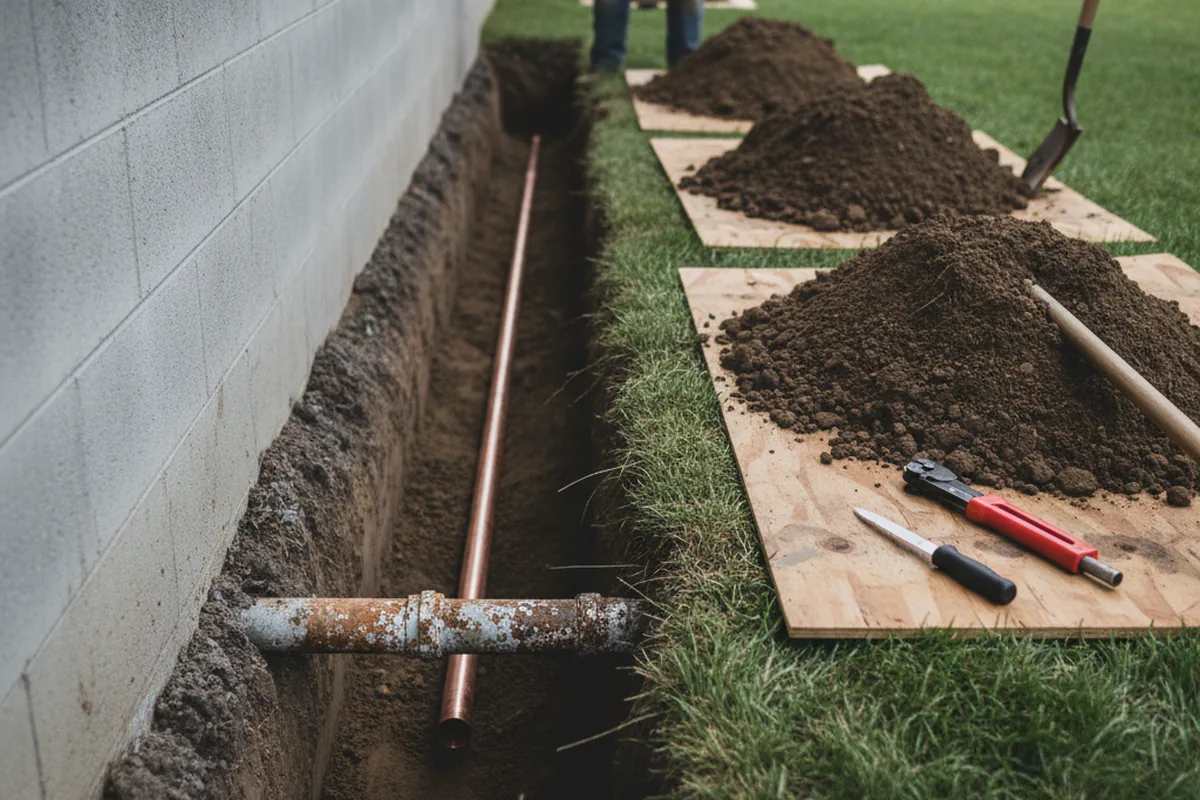 Excavated water line trench during Water Heater Repair in Tyaskin